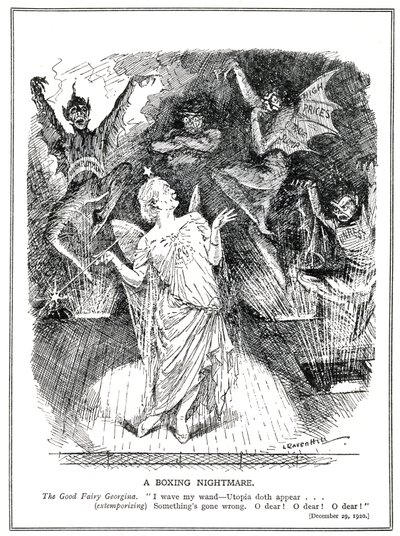 LLoyd George, a "boa fada" do governo de coalizão espera transformar a Grã-Bretanha em utopia, mas evoca o pesadelo e os diabos do desemprego, da queda do comércio, dos altos preços e da inquietação, de Leonard Raven Hill