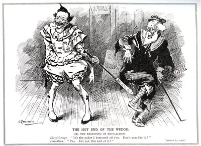 Lloyd George, como presidente da Junta Comercial, protegendo a indústria britânica contra a concorrência alemã pelo "Patents and Designs Act" de 1907, 1909 de Leonard Raven Hill