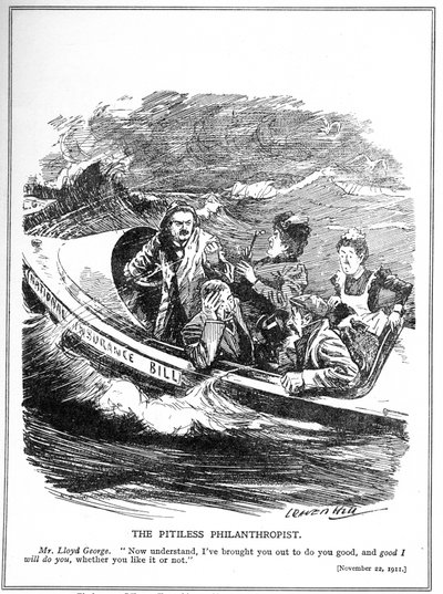Lloyd George, retratado como um marinheiro salva-vidas, enfrenta oposição ao seu National Insurance Act, 1911 de Leonard Raven Hill