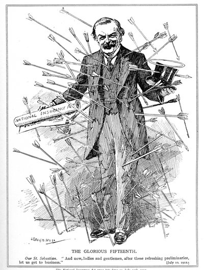 Lloyd George, descrito como o mártir, St. Sebastian, sob ataque por sua Lei de Seguro Nacional, que entrou em vigor em 15 de julho de 1912 Insurance Act, 1911 de Leonard Raven Hill