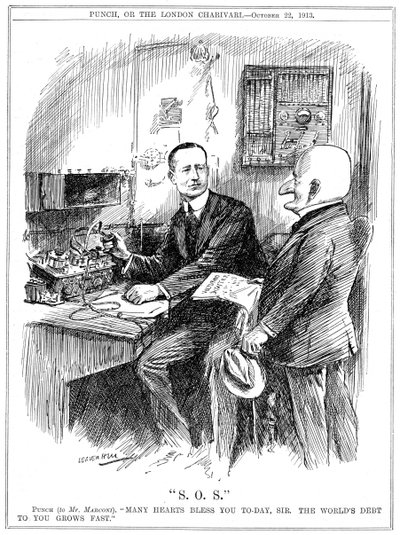 Sr. Punch agradecendo Marconi pela telegrafia sem fio que salvava vidas no mar, 1913 de Leonard Raven Hill