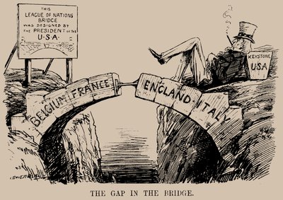 A lacuna na ponte. Caricatura sobre a ausência dos EUA na Liga das Nações, dezembro de 1919. de Leonard Raven Hill
