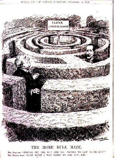 O Labirinto do Regra de Casa. Sr. Asquith: "Desculpe, senhor, mas está a tentar entrar ou sair?" Mr. Bonar Law: "Exactamente o que lhe ia perguntar, senhor" da revista 