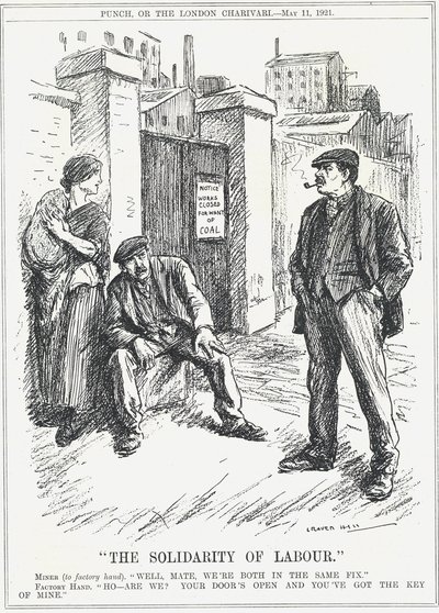 Die Solidarität der Arbeit: Fabrikarbeiter, ausgesperrt wegen Kohlemangels, sagt einem Bergmann, dass er den Schlüssel für alle Arbeitsplätze hat, um wieder zu öffnen. Karikatur von Leonard Raven-Hill von Leonard Raven-Hill