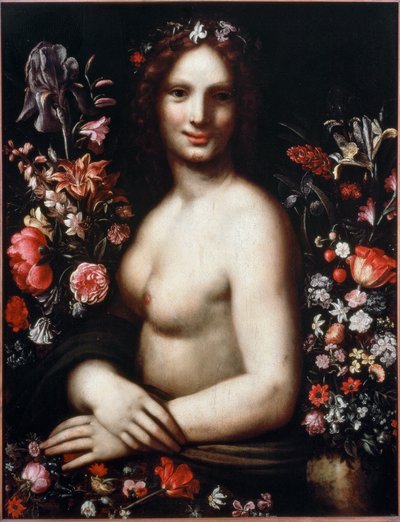 Busto de uma jovem chamada Flora (Flora) entre as flores O modelo seria a Mona Lisa (Mona ou Monna Lisa) Pintura após um desenho de Leonardo da Vinci (Leonard de Vinci) (1452-1519) Século XVII Bergamo, accademia Carrara de Leonardo da (after) Vinci