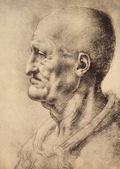 Um homem mostrado de perfil, desenhado por Leonardo da Vinci, preservado na Sala de Desenhos e Gravuras, Galeria Uffizi, Florença. de Leonardo da Vinci