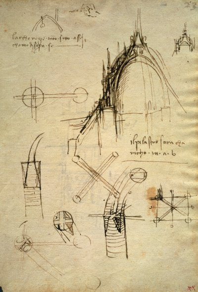 Detalhes arquitectónicos e secção da cúpula do Duomo em Milão, f41 do Código Trivulzianus de Leonardo da Vinci