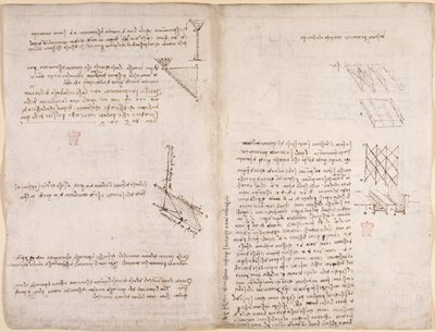 Arundel 263, f.120v, f.121 Notas e diagramas sobre mecânica, relativos à velocidade dos líquidos, c.1503-6 (caneta e tinta sobre papel) de Leonardo da Vinci