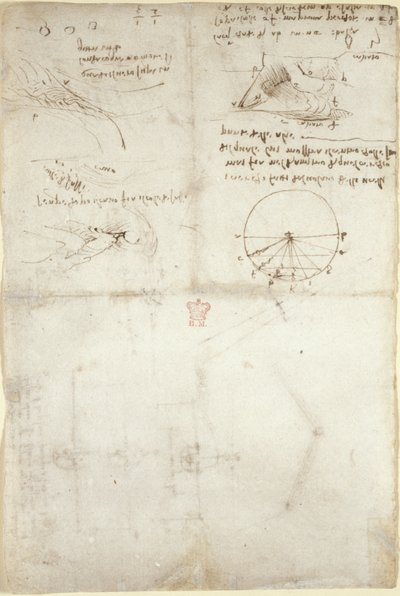Arundel 263, f.126v Três notas e esboços sobre a água; um diagrama sobre o voo das aves, c.1500-5 (caneta e tinta sobre papel) de Leonardo da Vinci