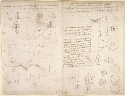 Arundel 263, f.221v, f.220 Notas, diagramas e esboços do 
