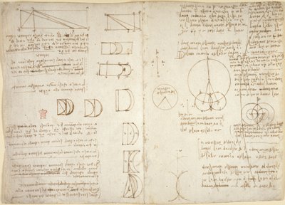 Arundel 263, f.222v, f.219, Desenhos sobre os poderes e forças mecânicos, percussão, gravidade, movimento, óptica e astronomia, com várias propostas aritméticas e geométricas (caneta e tinta sobre papel) de Leonardo da Vinci