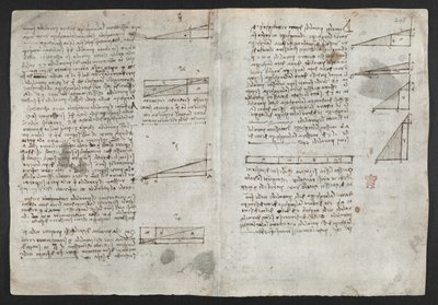Arundel 263, f.246v Desenhos sobre os poderes e forças mecânicos, percussão, gravidade, movimento, óptica e astronomia, com várias propostas aritméticas e geométricas, ilustração do "Livro de observações" de Leonardo (tinta sobre papel) de Leonardo da Vinci