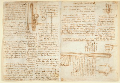 Arundel 263 f.269v, f.264 Notas e esboço num dispositivo hidráulico, do "Codex Arundel" (caneta e tinta sobre papel) de Leonardo da Vinci