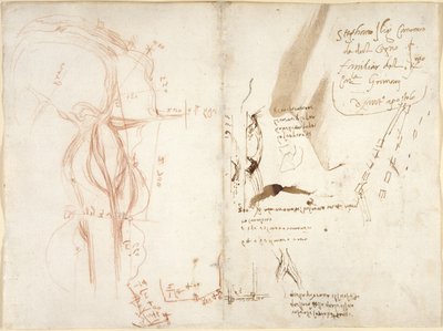 Arundel 263, f.275v, f.274 Esboço planimétrico do rio Arno; notas sobre distâncias e direcções de Leonardo da Vinci