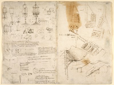 Arundel 263, f.283v, f.282 Esboços de lâmpadas articuladas; notas sobre mecânica; cálculos matemáticos; esboços geométricos (caneta e tinta sobre papel) de Leonardo da Vinci
