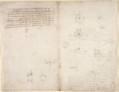 Arundel 263, f.35v, f.34 Desenhos sobre os poderes e forças mecânicos, percussão, gravidade, movimento, óptica e astronomia, com várias proposições aritméticas e geométricas. de Leonardo da Vinci