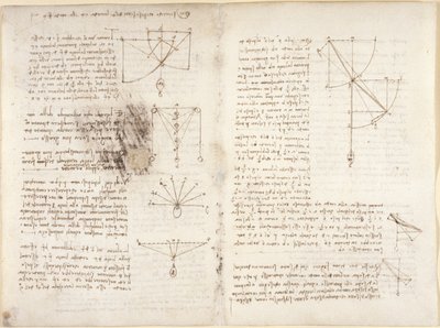 Arundel 263, f.3v, f.12 Notas e diagramas sobre mecânica de Leonardo da Vinci