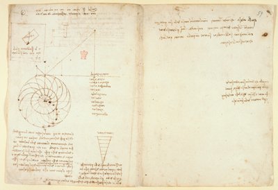 Arundel 263 f.44v, f.59 Esboço de um olho e nariz de um rosto de perfil; notas sobre a água, do 