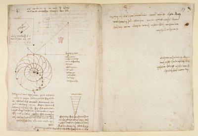 Arundel 263, f.44v, f.59 Um esboço de um olho e um nariz de um rosto em perfil; notas sobre água, do "Codex Arundel" (caneta e tinta sobre papel) de Leonardo da Vinci