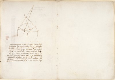 Arundel 263, f.48v, 55, Notas e diagrama sobre óptica, relativo ao problema de Alhazen, do "Codex Arundel" (caneta e tinta sobre papel) de Leonardo da Vinci