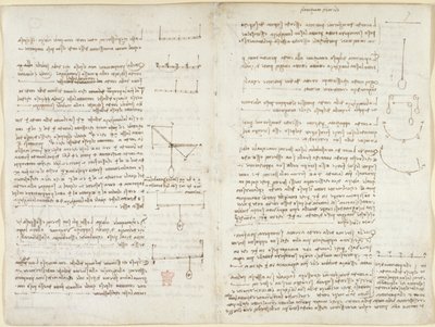 Arundel 263, f.8v, f.7 Notas e diagramas sobre mecânica de Leonardo da Vinci