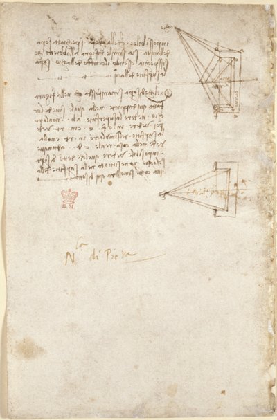 Arundel 263, f.93v Notas e esboço esquemático em óptica; nota 