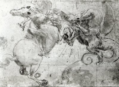 Batalha entre um Cavaleiro e um Dragão, c.1482 (caneta estilizada, caneta e pincel no papel) de Leonardo da Vinci