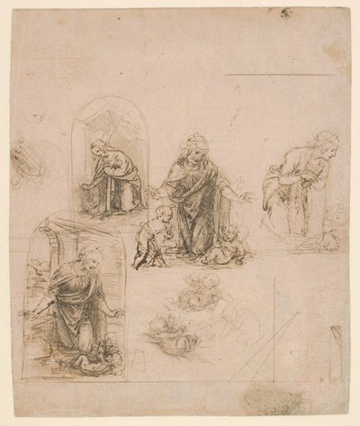 Esboços composicionais para a Virgem Adoradora do Menino Jesus, 1480-85 (silverpoint) de Leonardo da Vinci