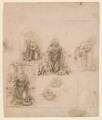 Esboços de composição para a Virgem adorando o Menino Jesus, com e sem o pequeno São João Batista; diagrama de uma projeção em perspetiva (recto); leves rabiscos (verso) de Leonardo da Vinci
