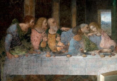 Detalhe de La Cene (Il Cenacolo (Ultima Cena)) representando da esquerda para a direita o apóstolo São Bartolomeu, Tiago, filho de Alfe, André, Judas, Pedro e João. 1495 - 1498. Fresco de Leonardo da Vinci (Leonardo da Vinci). Refeitório de Santa Maria del de Leonardo da Vinci