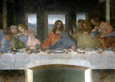 Detalhe do Cene (Il Cenacolo (Ultima Cena)) representando à esquerda os Apoles Judas, Pedro e João, Cristo no centro e os Apoles Tomás, Tiago o Major e Filipe. A letra V entre João e Cristo referir-se-ia ao cálice do Graal ou th de Leonardo da Vinci