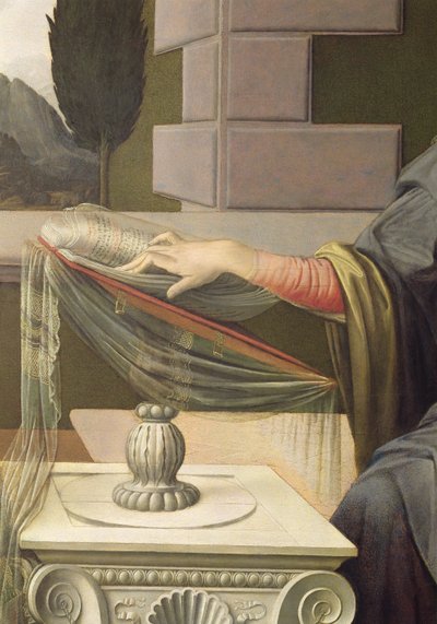 Detalhe da Virgem Maria, da Anunciação, 1472-75 óleo na restauração pós-painel de Leonardo da Vinci