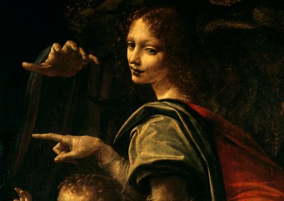 Detalhe da Virgem com Rochas, São João Batista apontando o dedo e a mão da Virgem Maria de Leonardo da Vinci