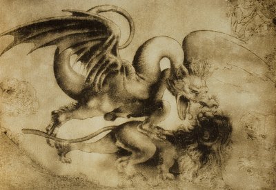 Dragão matando um leão, desenho de Leonardo da Vinci. Gabinete de Desenhos e Gravuras, Galeria Uffizi, Florença de Leonardo da Vinci