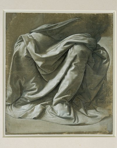 Cortinas para uma figura sentada, têmpera a pincel e cinzenta, reflexos brancos sobre tela de linho preparada em cinzento ... de Leonardo da Vinci