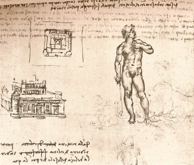 Desenho dos planos de um castelo e de uma figura nua, lavada com tinta indiana, c1472-c1519 1883 de Leonardo da Vinci