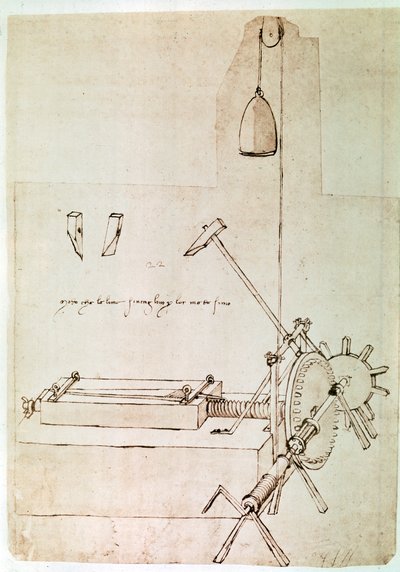 Extrato de um manuscrito de Da Vinci que descreve o princípio e a construção de uma "Máquina para entalhar ficheiros" (manuscrito) de Leonardo da Vinci