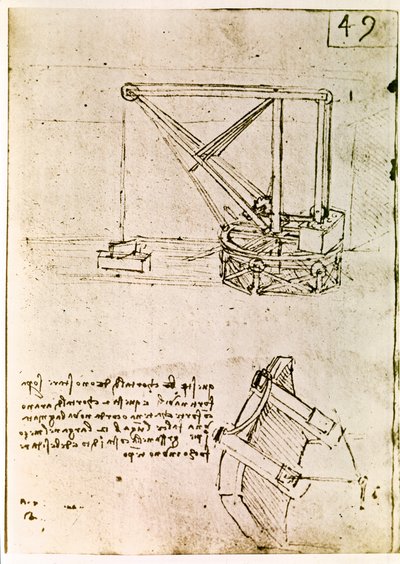 Extrato de um manuscrito de Da Vinci que descreve o princípio e a construção de uma "Grua giratória" (manuscrito) de Leonardo da Vinci