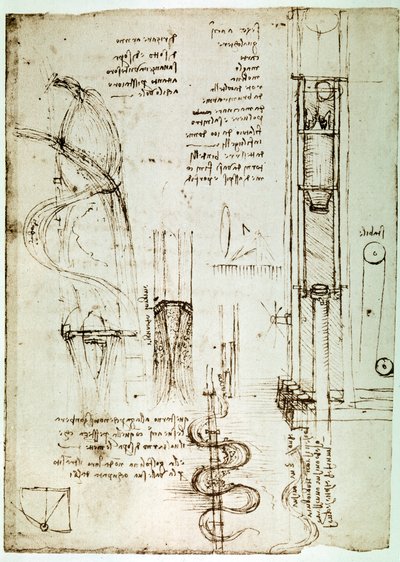 Extrato de um manuscrito de Da Vinci que descreve o princípio e a construção de um "Pile Drive (Pile Mallet)" (manuscrito) de Leonardo da Vinci