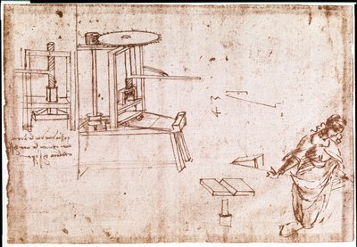 Extrato de um manuscrito de Da Vinci que descreve o princípio e a construção de uma "máquina de imprensa" para impressão (manuscrito) de Leonardo da Vinci