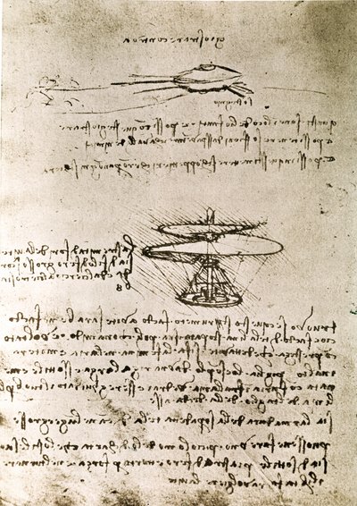 Extrato de um manuscrito de Da Vinci que descreve o princípio e a construção do "Parafuso Aéreo (Helicóptero)" (manuscrito) de Leonardo da Vinci
