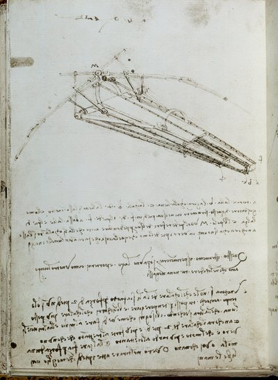 Desenho da máquina voadora. Manuscrito de Leonard De Vinci (Leonardo da Vinci de Leonardo da Vinci