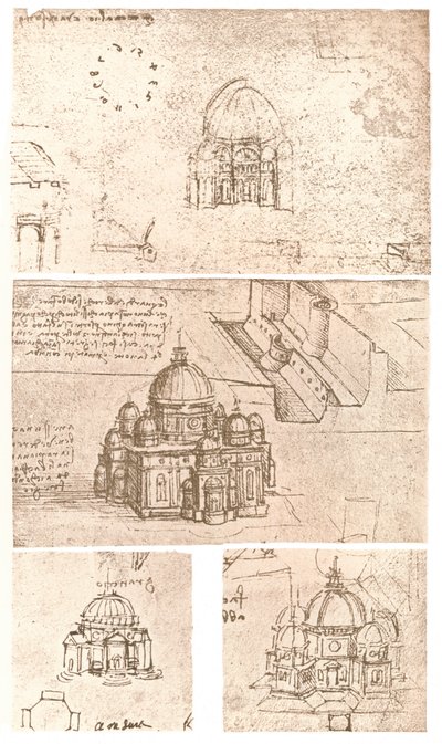 Quatro desenhos da arquitetura eclesiástica, c1472-c1519 1883 de Leonardo da Vinci