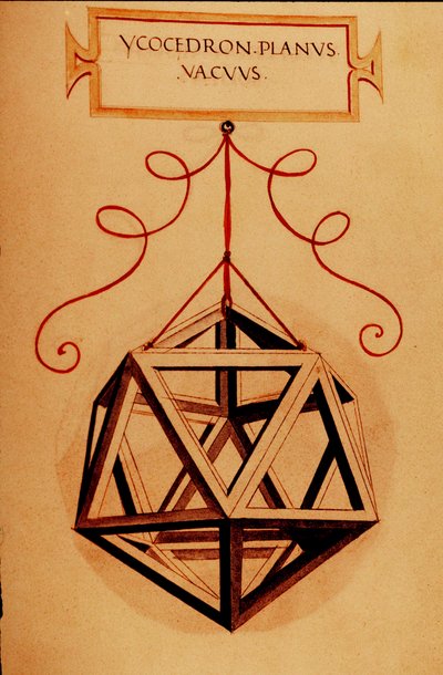 Geometria: "An Icosahedron" Página retirada do manuscrito "De divina proportione" (Sobre proporções divinas) do matemático Fra Luca Pacioli dit Luca di Borgo (1445-1517) ilustrado por Leonardo da Vinci (1452-1519).1509. de Leonardo da Vinci