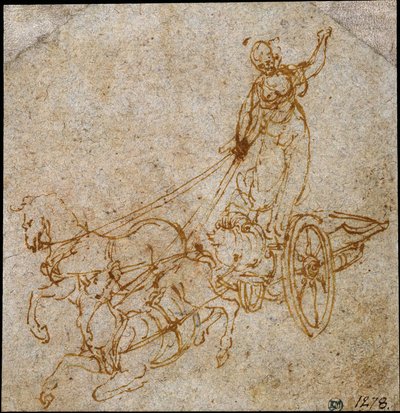 Deusa em pé numa carruagem puxada por dois cavalos, um dos quais está a cair de Leonardo da Vinci