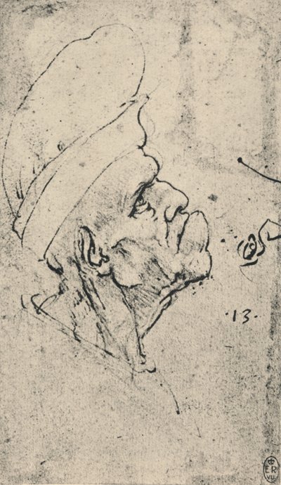 Perfil grotesco de um homem usando um chapéu para a direita, c1480 1945 de Leonardo da Vinci