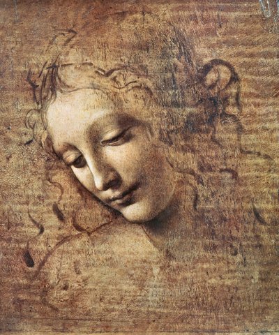 Cabeça de uma jovem mulher com cabelos despenteados ou, Leda (guache sobre madeira) de Leonardo da Vinci