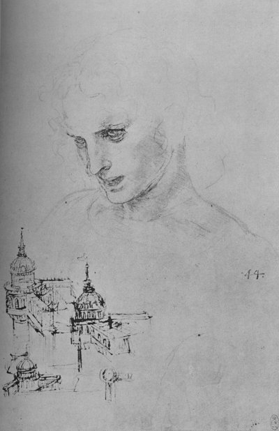Chefe de um apóstolo e estudo da arquitetura, c1480 1945 de Leonardo da Vinci