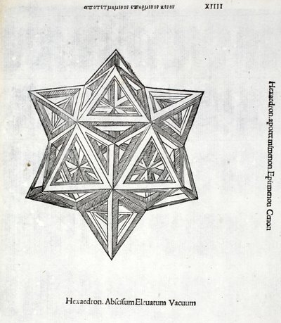 Hexacedron levantado do vácuo a partir de um &39;proporção divina&39; por Luca Pacioli (c.1445-1517), originalmente pub. Veneza de 1509 de Leonardo da Vinci