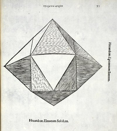 Hexaedron levantou inteiramente de uma &39;proporção divina&39; por Luca Pacioli (c.1445-1517), originalmente pub. Veneza de 1509 de Leonardo da Vinci